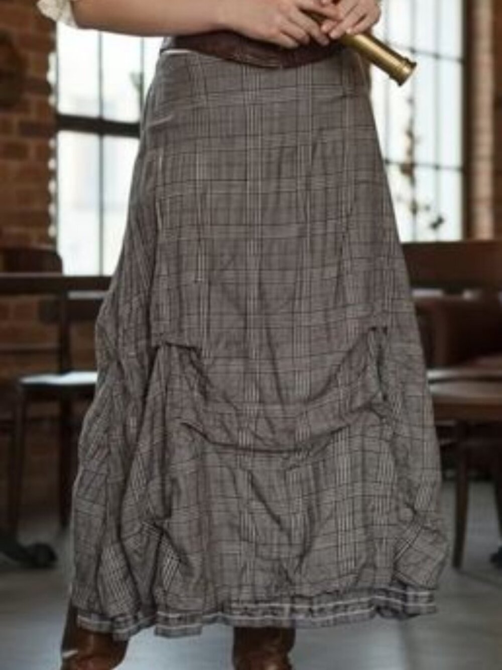 Soft Surroundings~ Gathered Brown Plaid Maxi Skirt~Victorian Steampunk~Size M